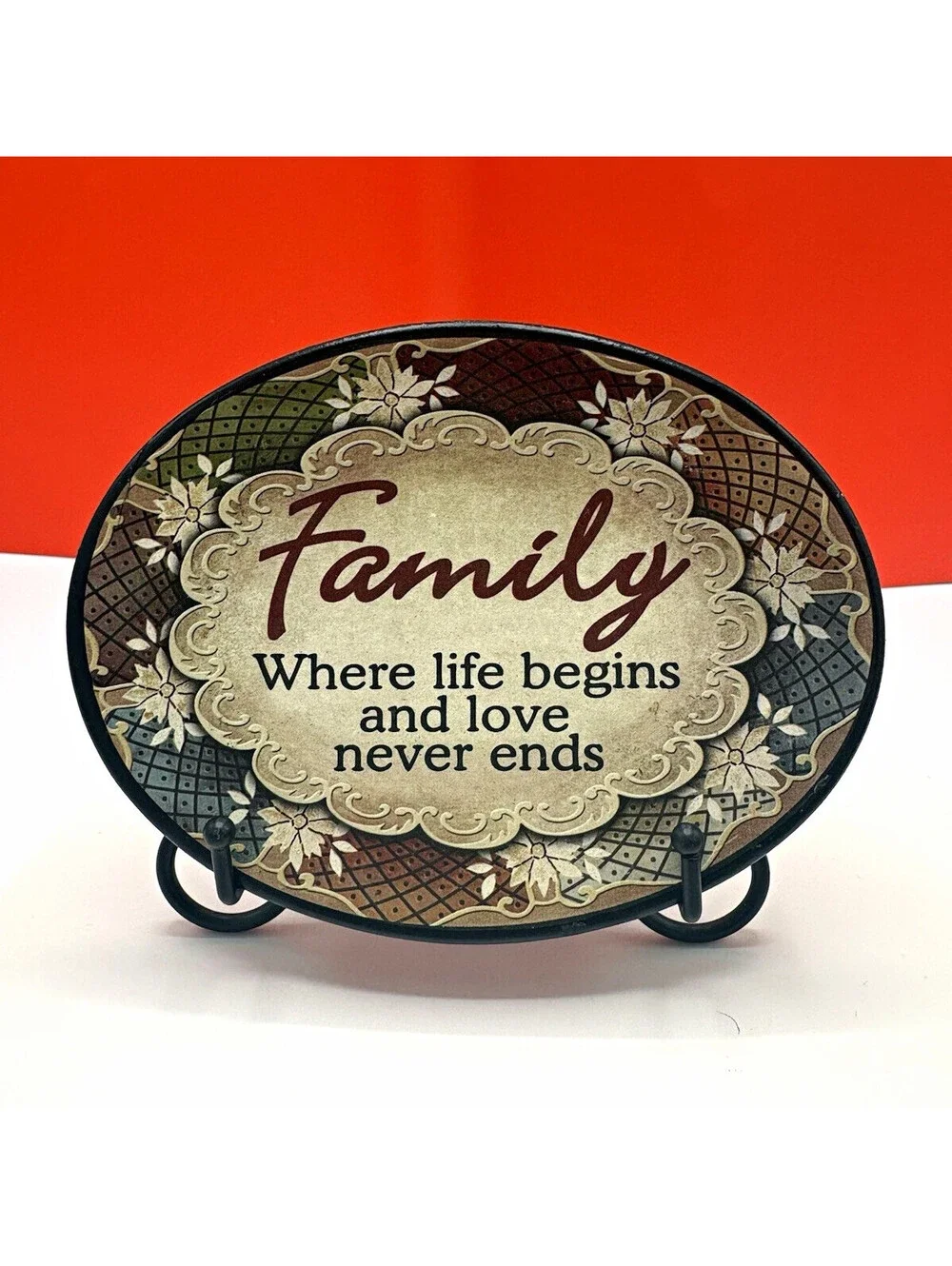 Metal Oval Plaque Floral Multicolor Freestanding Tabletop Family Quote Sign